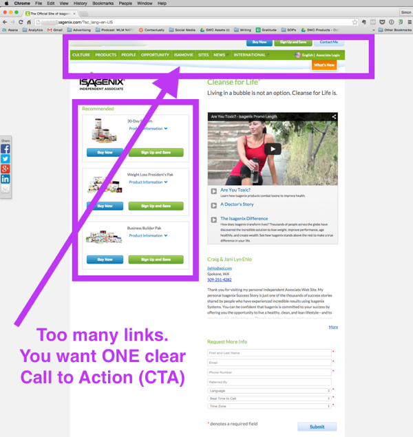 Too many links and options. This is good for people you've presented to but VERY bad to attract leads. There is no curiosity. In online marketing you want to create curiosity and give prospect ONE clear call to action which is to contact you